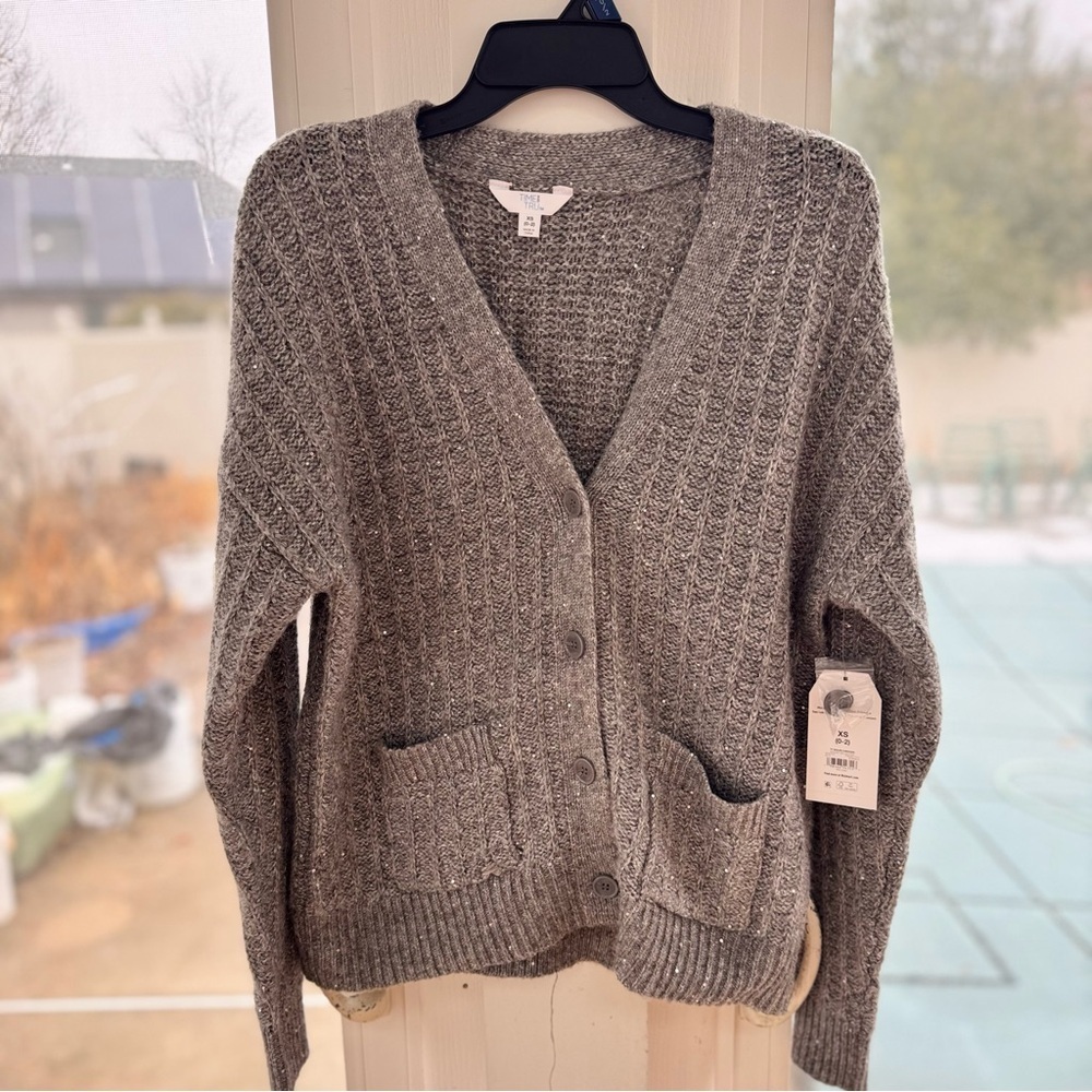 Time and Tru Women's XS Gray Heather Sequin Button Front Pocket Cardigan Sweater - Picture 6 of 13